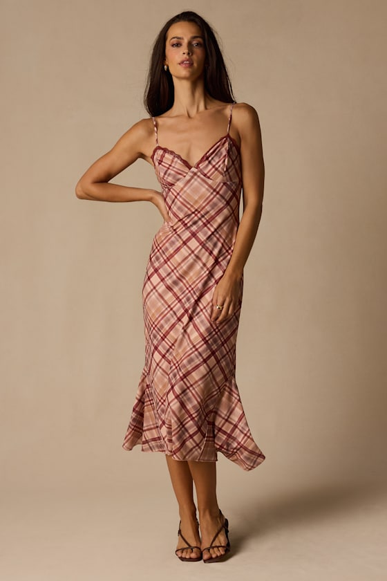 Rae Mauve Multi Plaid Mesh Slip Midi Dress