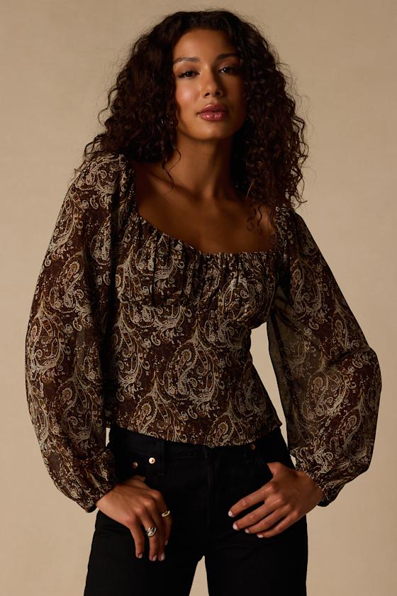 Yara Brown Multi Paisley Long Sleeve Top