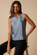 Jaynae Dusty Blue Lace Trim Satin Tank Top