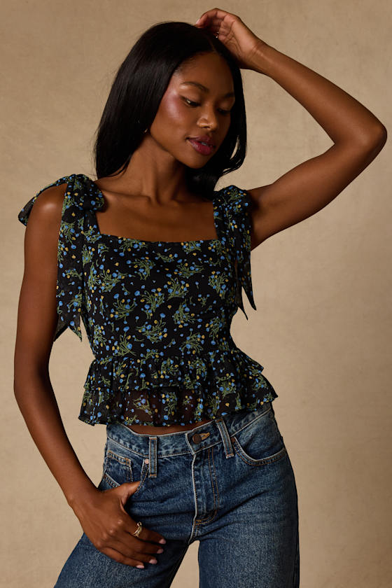 Shailene Black Multi Floral Tie-Strap Top