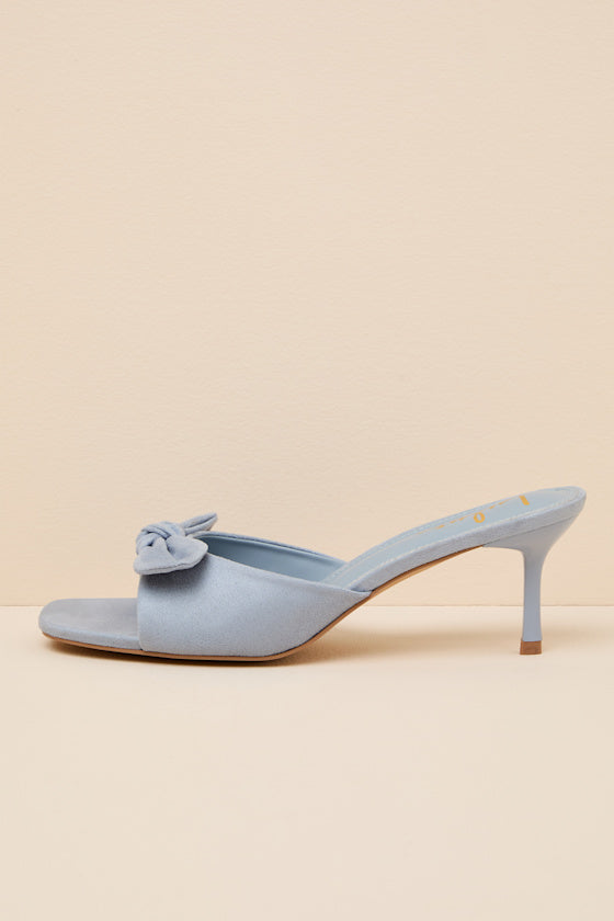 Lancee Powder Blue Suede Bow High Heel Slide Sandals