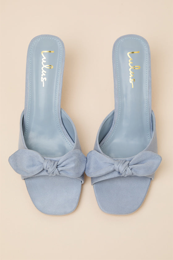 Lancee Powder Blue Suede Bow High Heel Slide Sandals