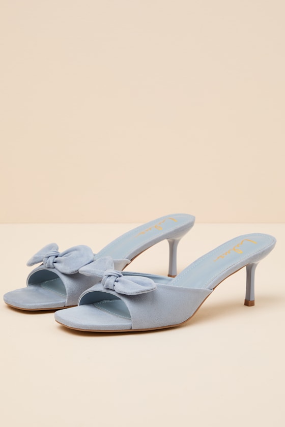Lancee Powder Blue Suede Bow High Heel Slide Sandals