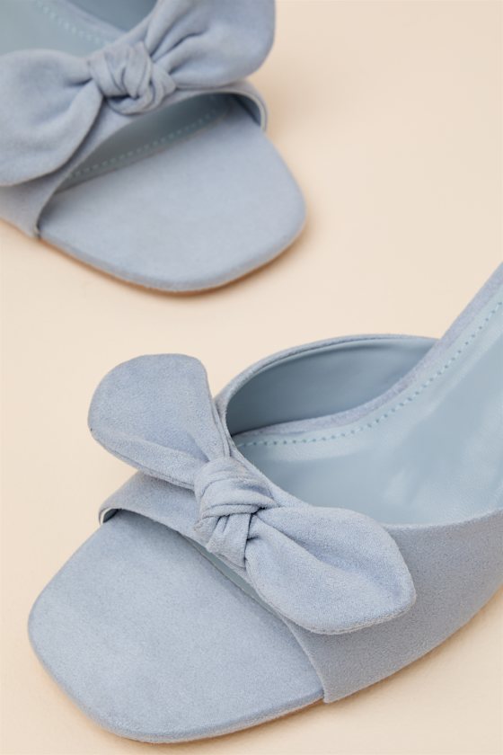 Lancee Powder Blue Suede Bow High Heel Slide Sandals