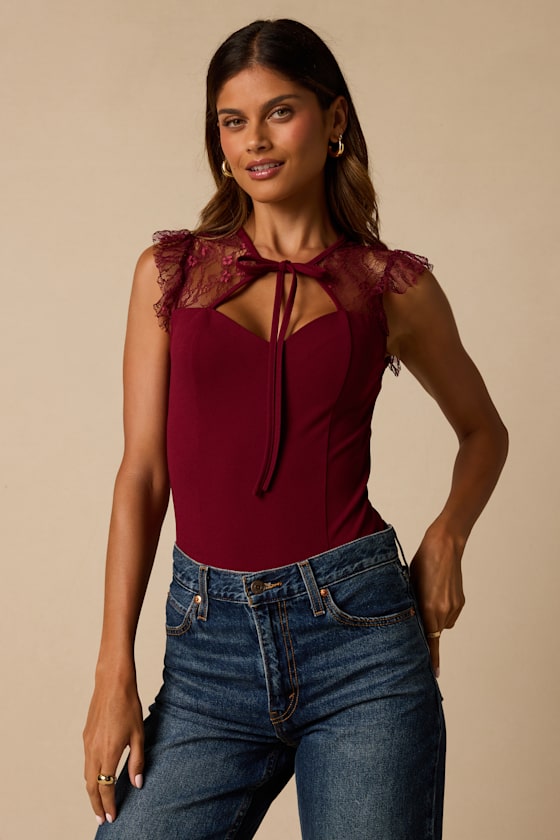 Coveted Crush Burgundy Lace Tie-Neck Bodysuit
