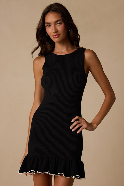 Santalia Black Ribbed Knit Ruffled Mini Dress