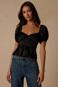 Romi Black Satin Puff Sleeve Peplum Top