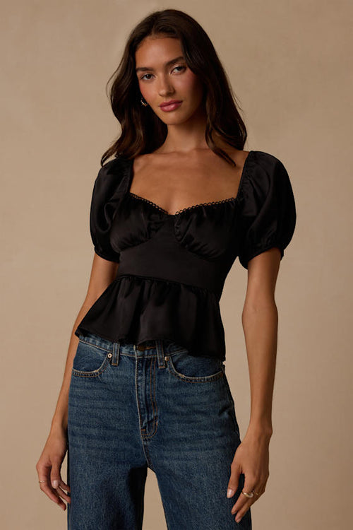 Romi Black Satin Puff Sleeve Peplum Top