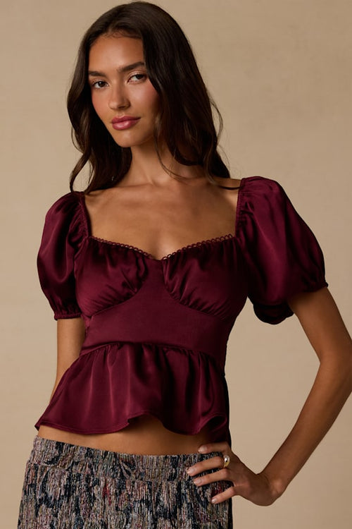 Romi Burgundy Satin Puff Sleeve Peplum Top