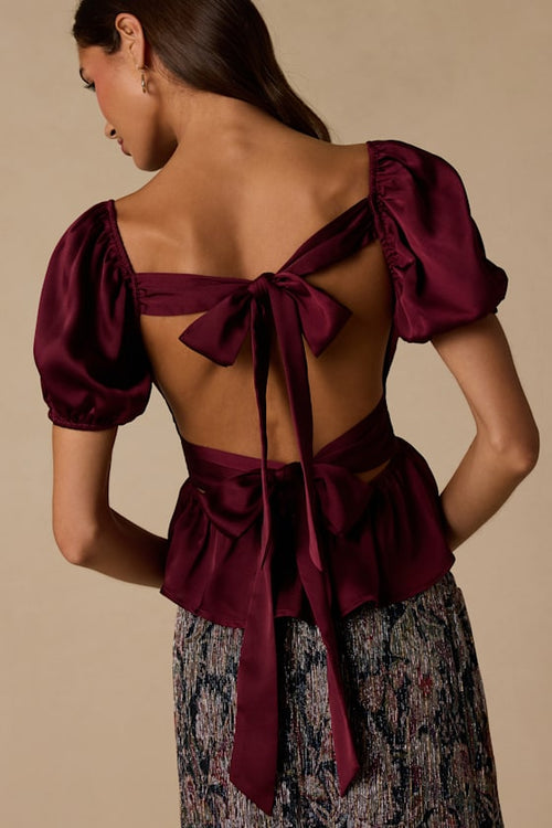 Romi Burgundy Satin Puff Sleeve Peplum Top