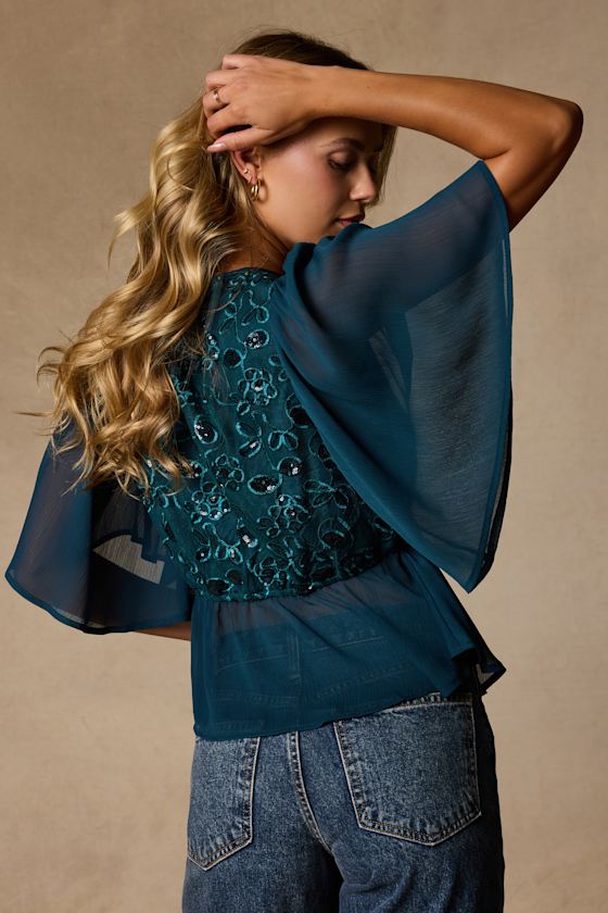 Dakotah Teal Blue Embroidered Sequin Top