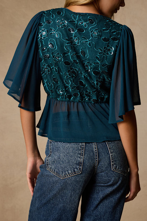 Dakotah Teal Blue Embroidered Sequin Top