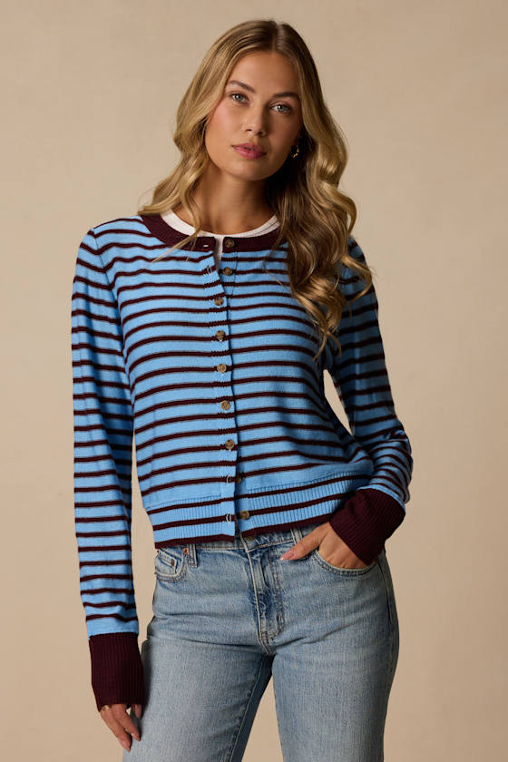 Becky Blue and Burgundy Striped Button-Up Cardigan