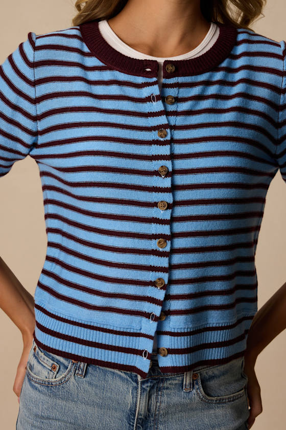 Becky Blue and Burgundy Striped Button-Up Cardigan