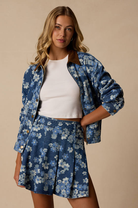 Cohen Medium Wash Floral Denim Pleated Skort