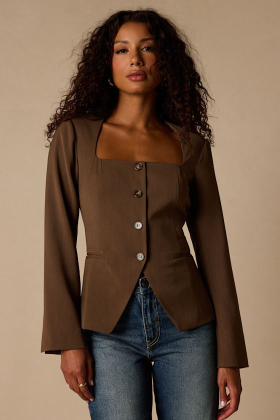 Myanna Brown Long Sleeve Blazer Top