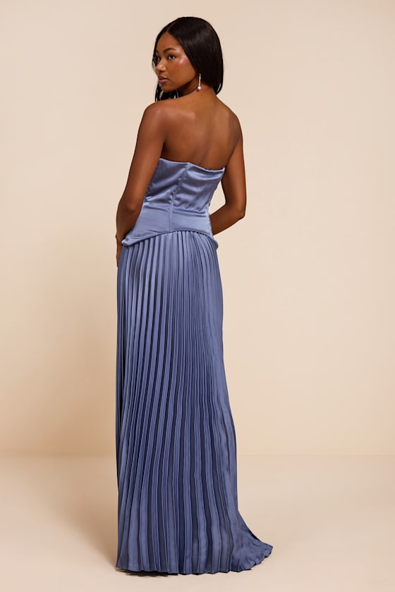 Makani Slate Blue Satin Bustier Maxi Dress