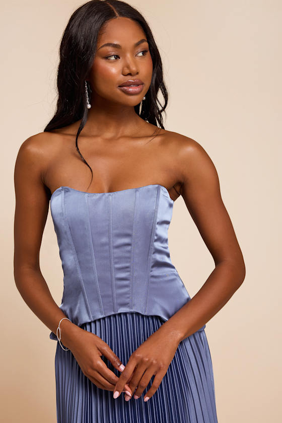 Makani Slate Blue Satin Bustier Maxi Dress