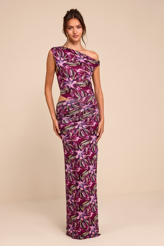 Veya Purple Multi Floral Mesh Asymmetrical Maxi Dress