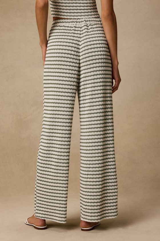 Esmira Ivory and Sage Striped Knit Wide-Leg Pants