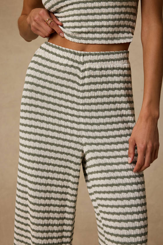 Esmira Ivory and Sage Striped Knit Wide-Leg Pants