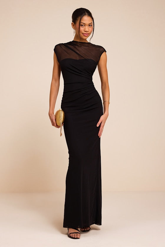 Avalee Black Mesh Cap Sleeve Maxi Dress