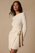 Winnie Cream Ribbed Knit Wrap Sweater Mini Dress