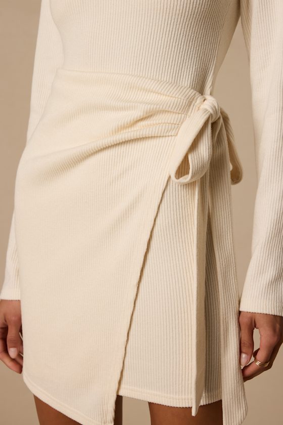 Winnie Cream Ribbed Knit Wrap Sweater Mini Dress
