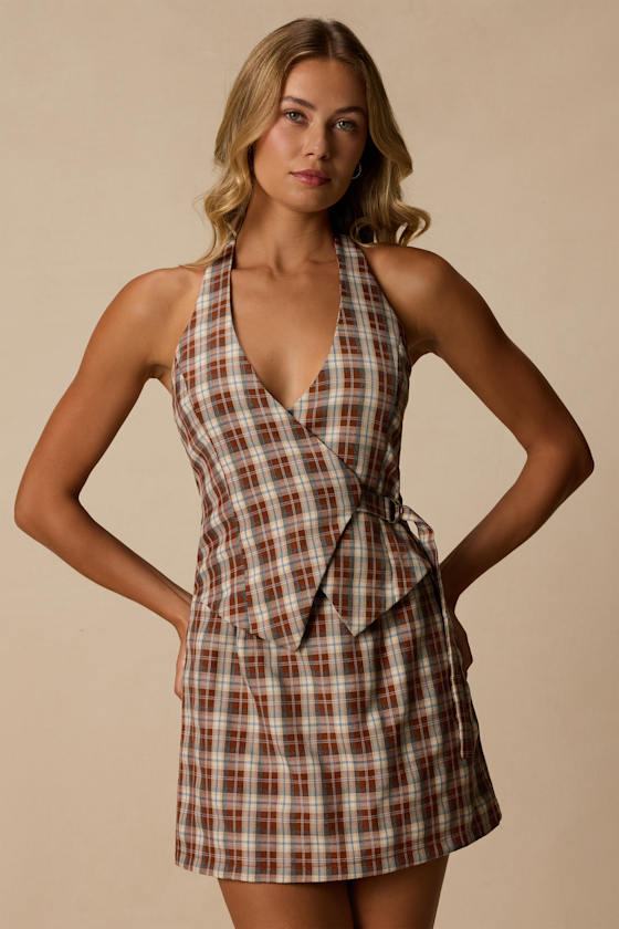 Lexi Brown Multi Plaid Surplice Mini Dress