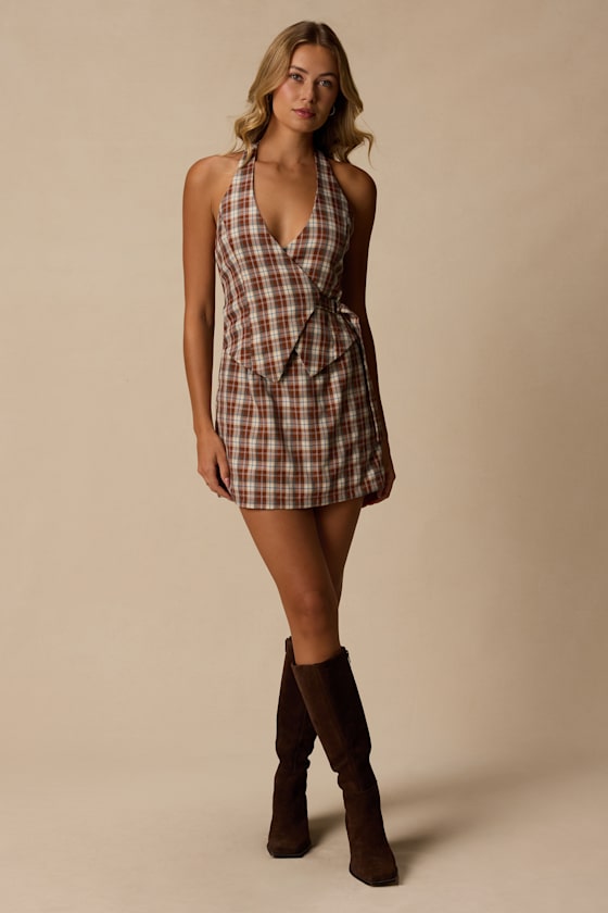 Lexi Brown Multi Plaid Surplice Mini Dress