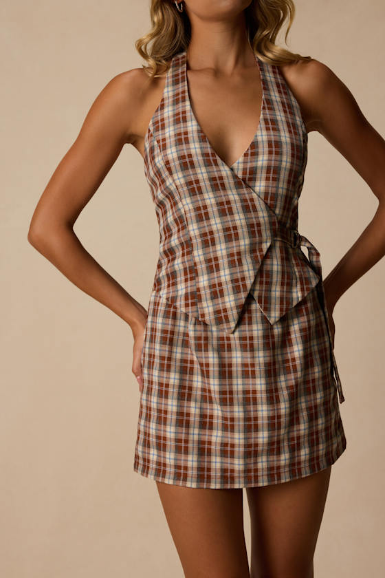 Lexi Brown Multi Plaid Surplice Mini Dress