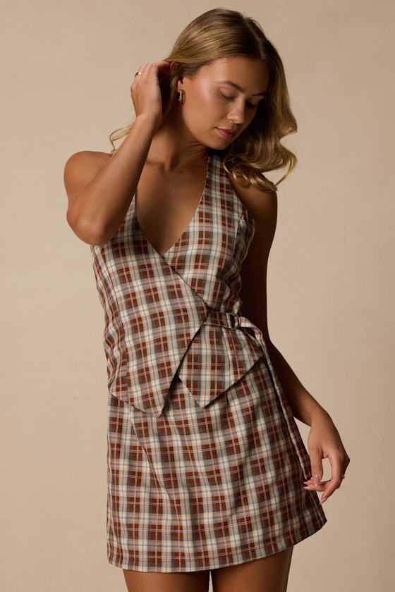 Lexi Brown Multi Plaid Surplice Mini Dress