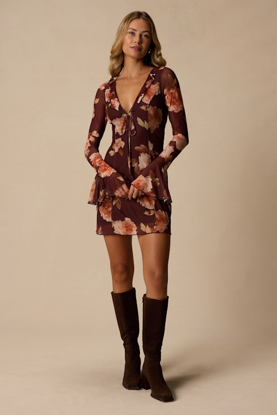 Hayden Brown Multi Floral Mesh Mini Dress