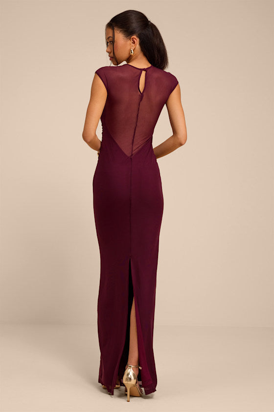 Avalee Burgundy Mesh Cap Sleeve Maxi Dress