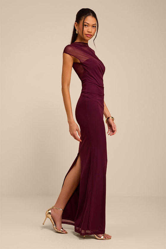 Avalee Burgundy Mesh Cap Sleeve Maxi Dress