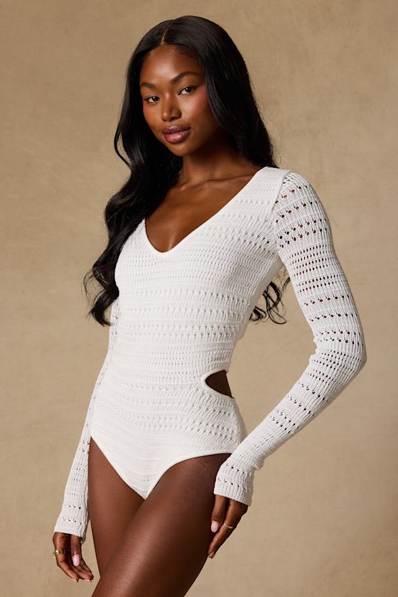 Sarai Ivory Crochet Knit Cutout Bodysuit