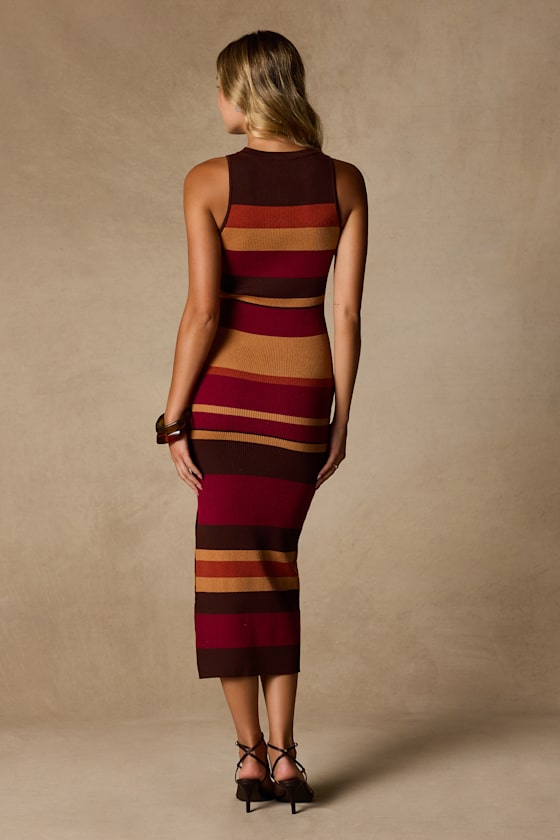 Jalene Brown Multi Striped Ribbed Knit Midi Dress