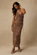 Avis Brown Sequin Beaded Midi Skirt