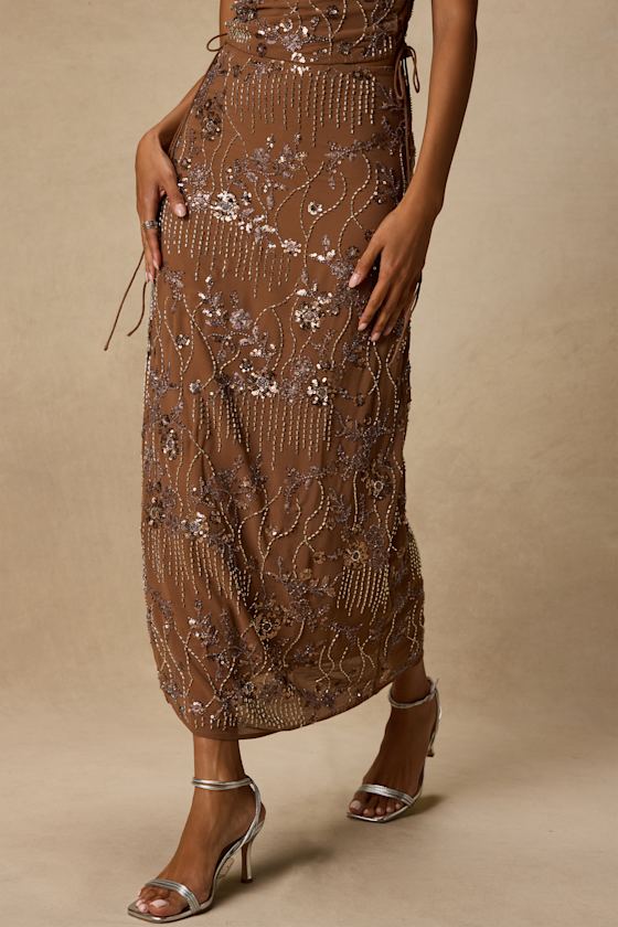Avis Brown Sequin Beaded Midi Skirt