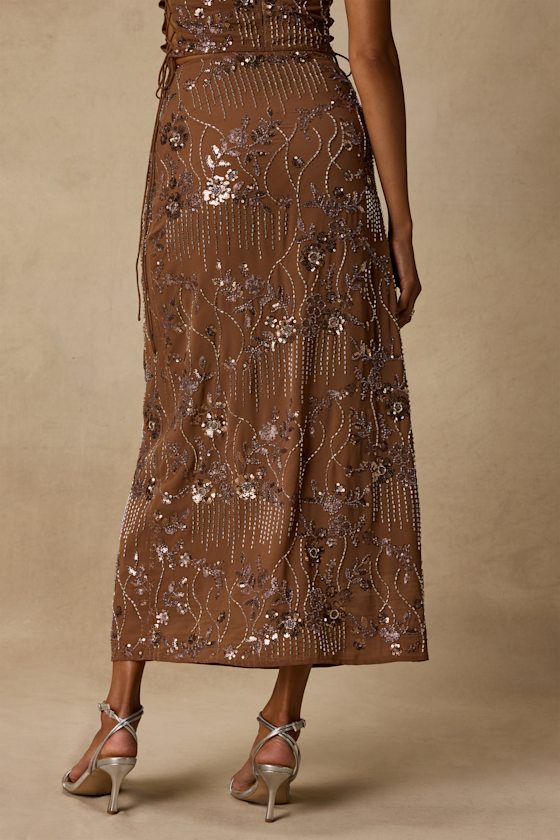 Avis Brown Sequin Beaded Midi Skirt