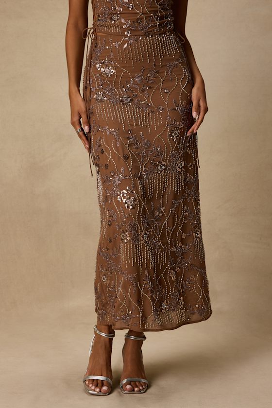 Avis Brown Sequin Beaded Midi Skirt