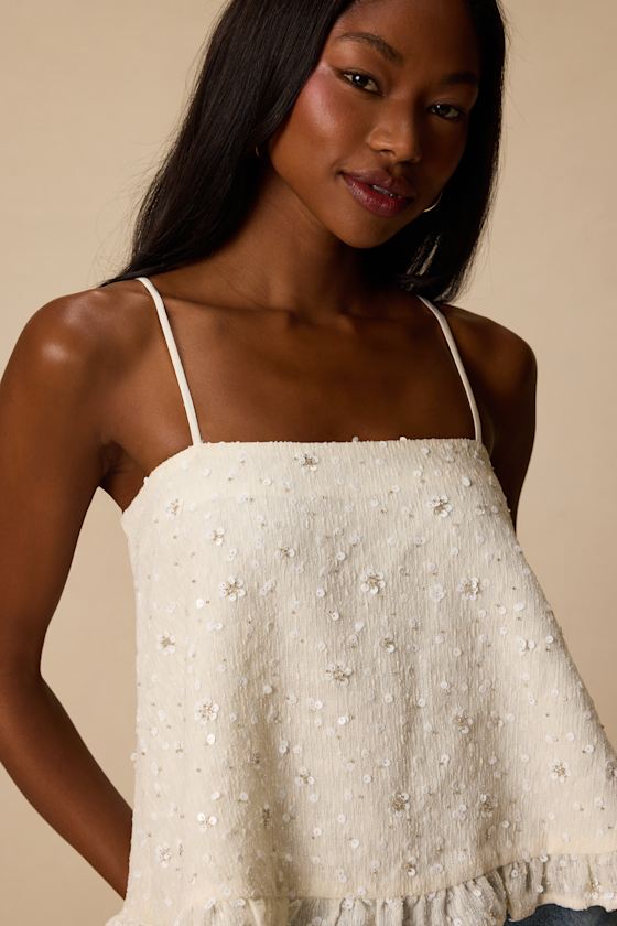 Junya Ivory Sequin Bow Cami Top