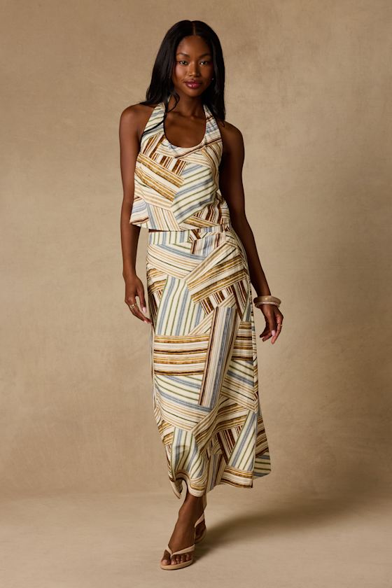 Kimaya Cream Multi Striped Midi Skirt