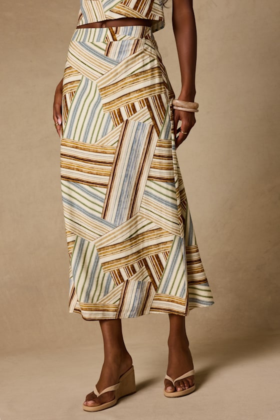 Kimaya Cream Multi Striped Midi Skirt