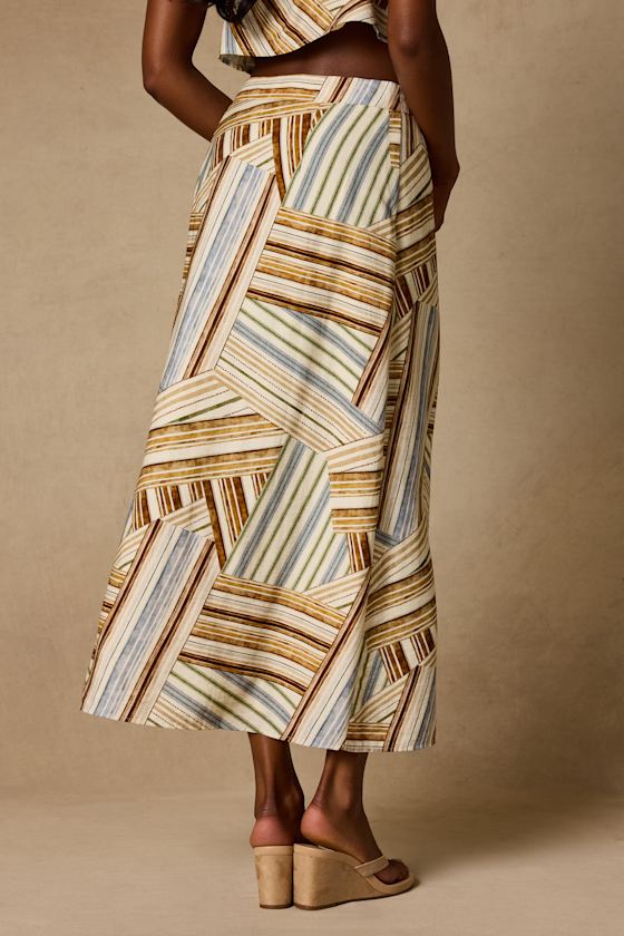Kimaya Cream Multi Striped Midi Skirt