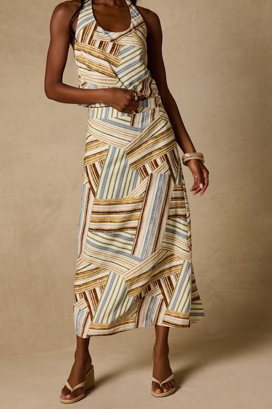 Kimaya Cream Multi Striped Midi Skirt