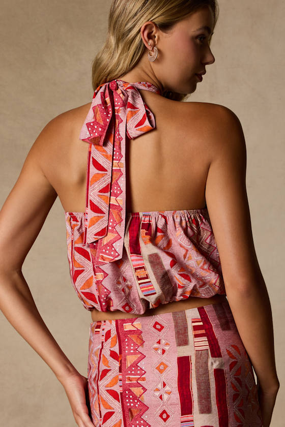 Lindley Pink Multi Boho Print Halter Top
