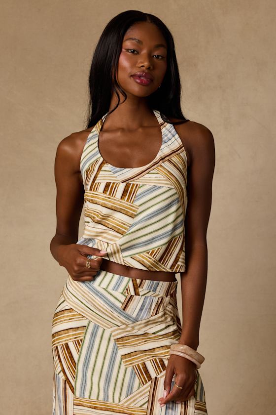 Kimaya Cream Multi Striped Halter Top