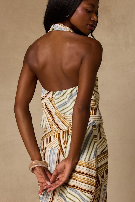 Kimaya Cream Multi Striped Halter Top