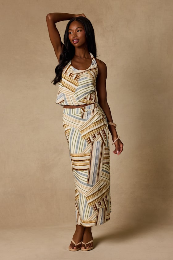 Kimaya Cream Multi Striped Halter Top